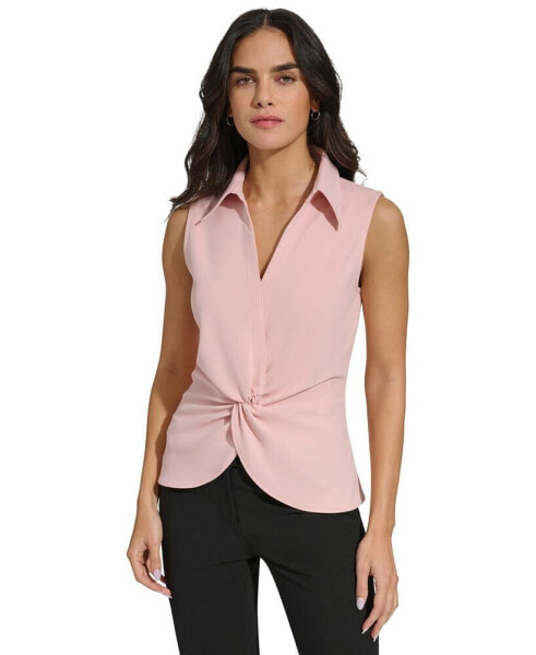 Women's Collared Twist-Front Sleeveless Top