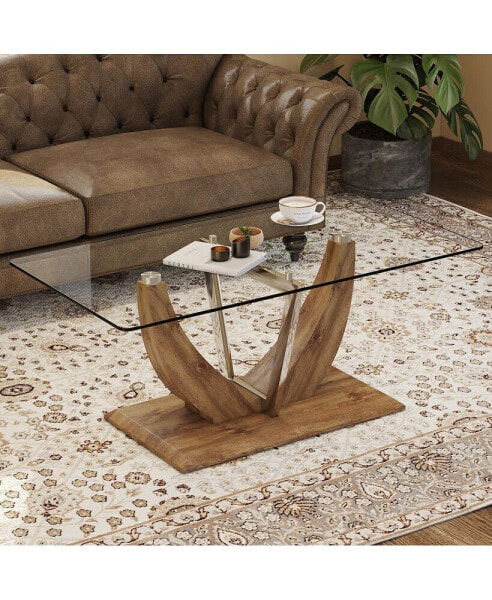 Minimalist glass coffee table with wood/MDF legs & steel columns: CT-907