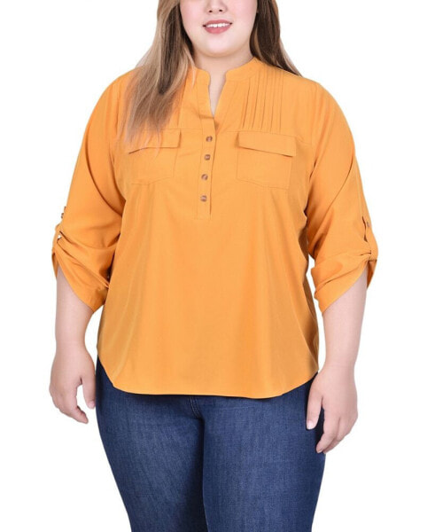 Plus Size Long Tab Sleeve Blouse with Pockets