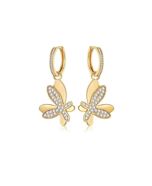 Pave Butterfly Dangle Drop Hoop Earrings