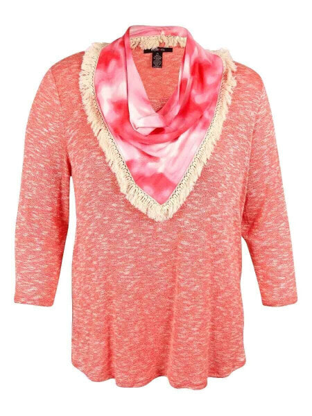 Style & Co Women's Scoop Neck Scarf 3/4 Sleeve Marled Top Pink S