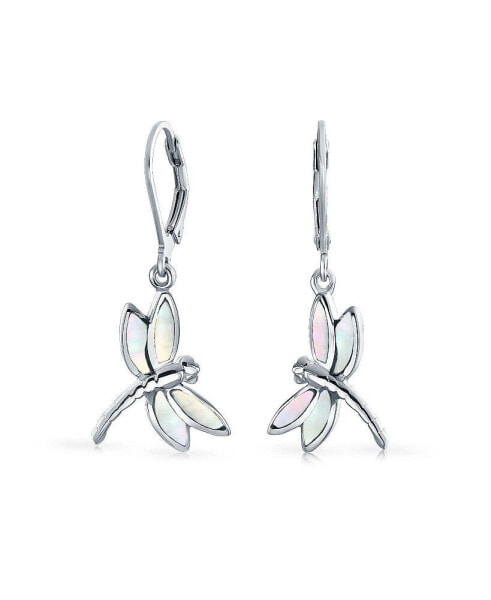 Dainty Butterfly Dragonfly Firefly Garden Iridescent White Mother of Pearl Shell Inlaid Drop Lever back Dangle Earrings For Women Teen Sterling Silver