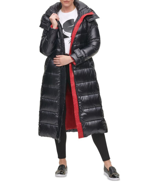 Karl Lagerfeld Womens Shine Hooded Belted Puffer Coat