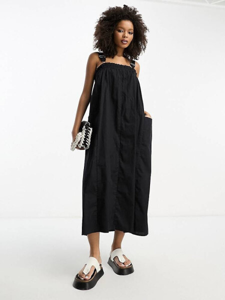 ASOS DESIGN cotton trapeze dungaree sundress in black 