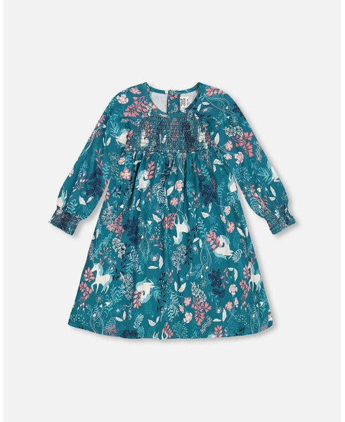 Toddler Girls Puffy Long Sleeve Viscose Dress Turquoise Printed Fairy Unicorn - Toddler|Child