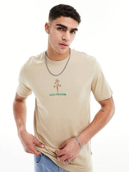 Only & Sons relaxed t-shirt with flower embroidery in beige