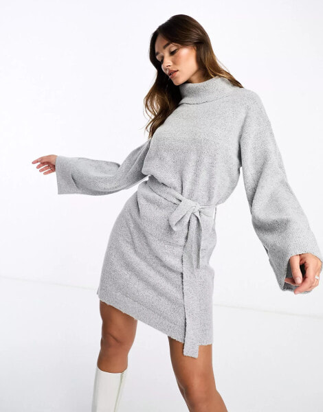 Vila roll neck mini jumper dress with tie waist in light grey