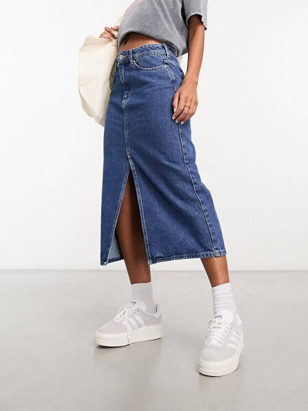 ONLY denim midi skirt with front split in mid blue