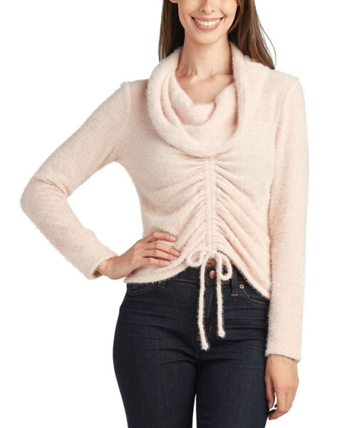 Juniors' Shirred-Front Fuzzy Cowlneck Sweater