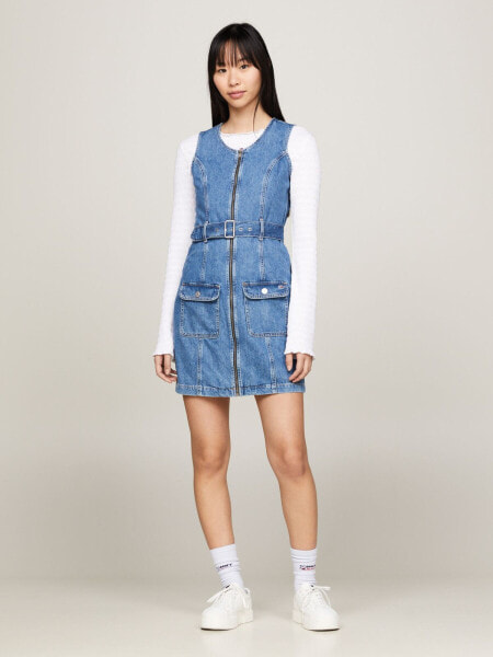 Sleeveless Belted Zip Denim Mini Dress