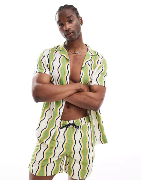 Hunky Trunks wavy stripe beach shIrt co ord in green and white