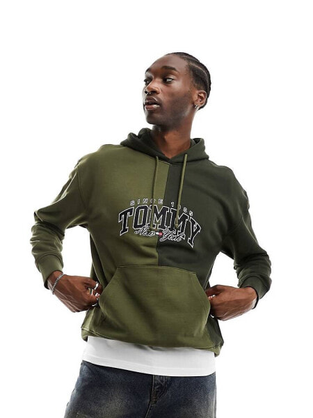 Tommy Jeans relaxed varsity two tone hoodie in olive green