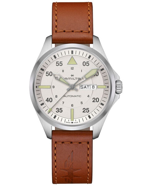 Men's Swiss Automatic Khaki Aviation Day Date Brown Leather Strap Watch 42mm