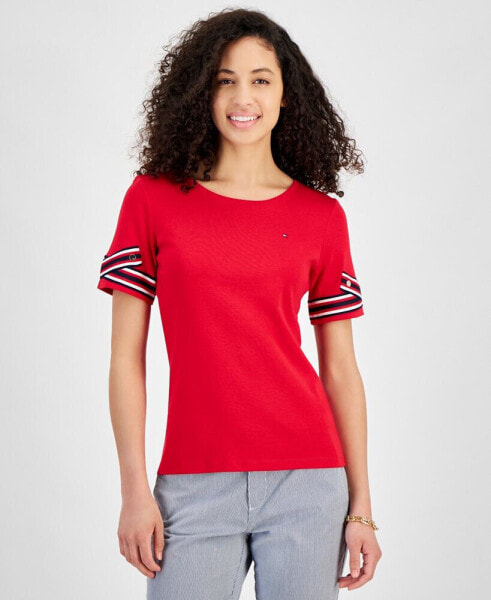 Women's Ribbon Cuff Crewneck Cotton Logo T-Shirt