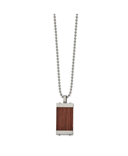 Chisel brushed with Wood Inlay Pendant on a Ball Chain Necklace