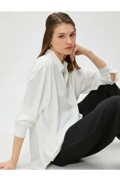 Kadın Giyim Oversize Basic Gömlek Uzun Kollu 3sak60020pw Kırık Beyaz