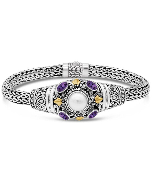 Amethyst, Freshwater Cultured Pearl & Bali Filigree with Dragon Bone Oval 5mm Chain Bracelet in Sterling Silver and 18K Gold