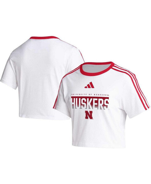 Women's White Nebraska Huskers Three-Stripes Cropped T-shirt