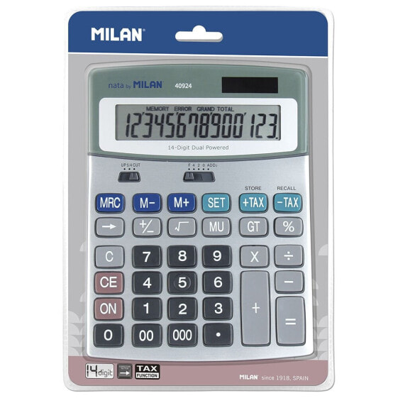 MILAN Blister Pack Grey Metal Colour 14 Digit Calculator