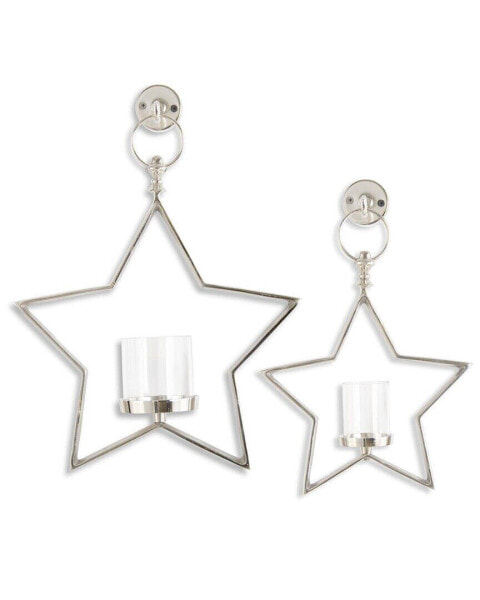 K&K Interiors Set Of 2 Metal Star Hurricane Candleholders Silver