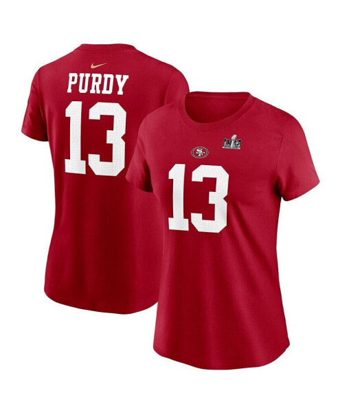 Women's Brock Purdy Scarlet San Francisco 49ers Super Bowl LVIII Patch Player Name and Number T-shirt