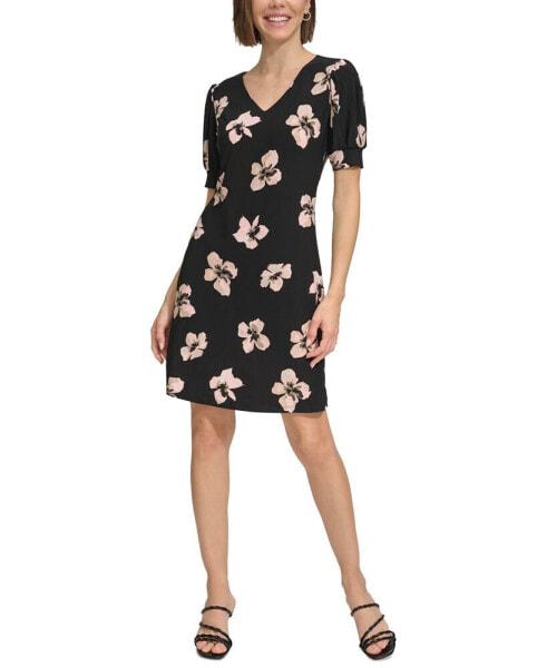 Women's Floral V-Neck Puff-Sleeve Dress