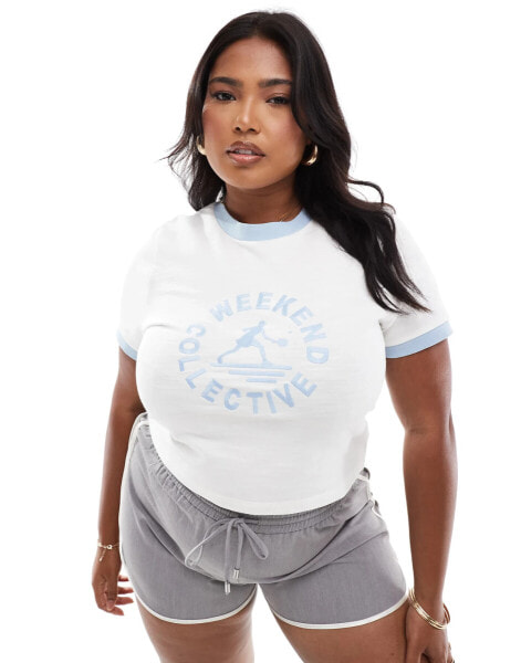 ASOS Weekend Collective Curve textured graphic baby tee with tipping in off white