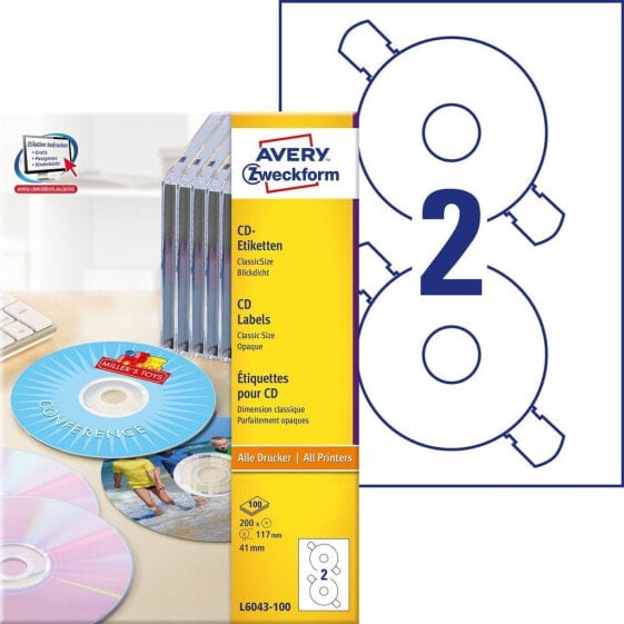 Avery Zweckform Avery L6043-100 - Transparent - CD - Paper - Inkjet - 117 x 117mm - 200 pc(s)