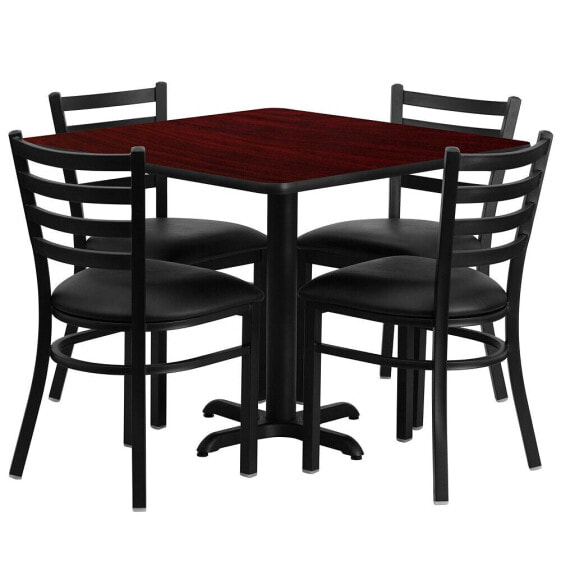 36'' Square Mahogany Laminate Table Set With 4 Ladder Back Metal Chairs - Black Vinyl Seat