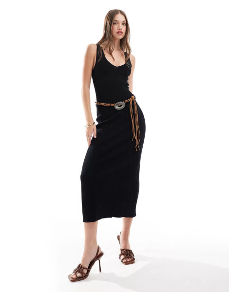 Mango knitted ribbed midi dress in black