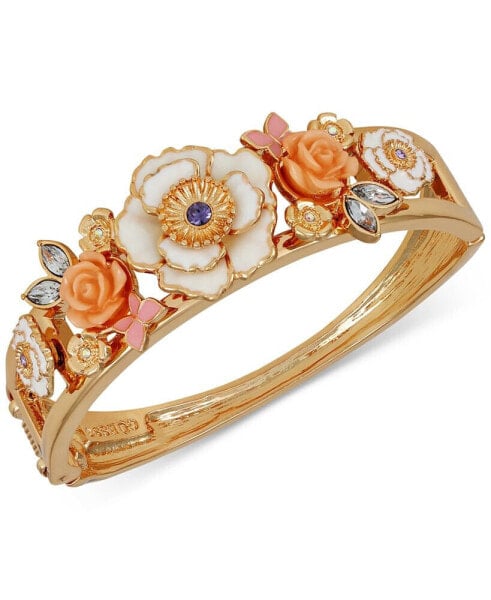 Gold-Tone Mixed Color Stone Flower Bangle Bracelet