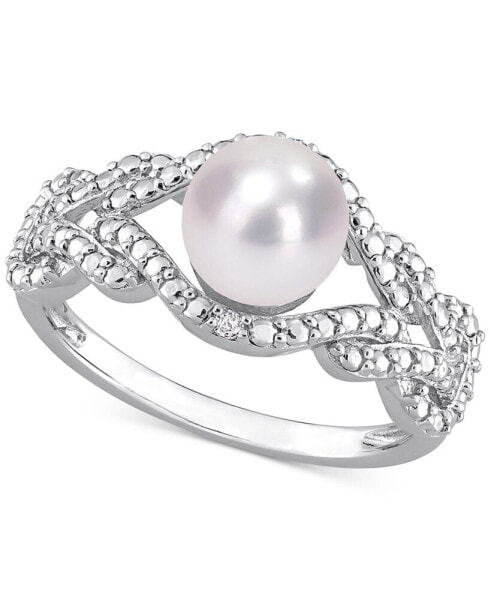 Cultured Freshwater Pearl (7mm) & Diamond Accent Openwork Ring in Sterling Silver