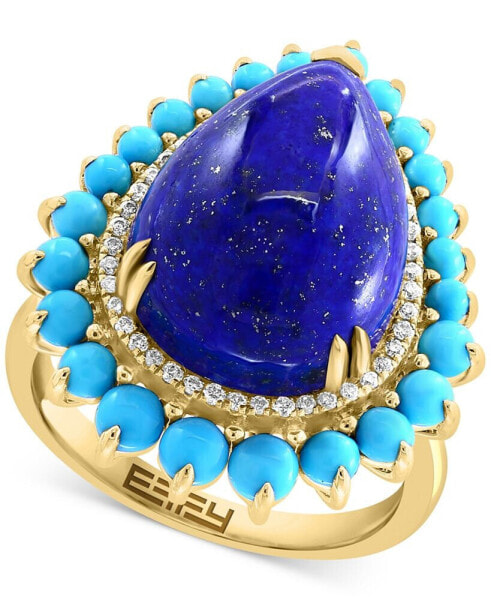 EFFY® Lapis Lazuli, Turquoise, & Diamond (1/6 ct. t.w.) Pear Halo Ring in 14k Gold