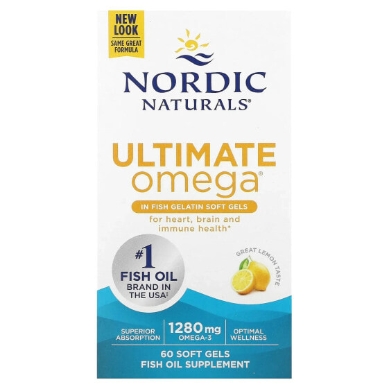 БАД Рыбий жир Ultimate Omega, Лимон, 1 280 мг, 60 рыбьих желатиновых капсул (640 мг в одной капсуле) от Nordic Naturals