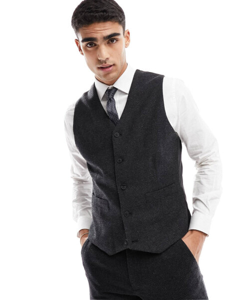 ASOS DESIGN slim suit waistcoat in wool mix texture in black