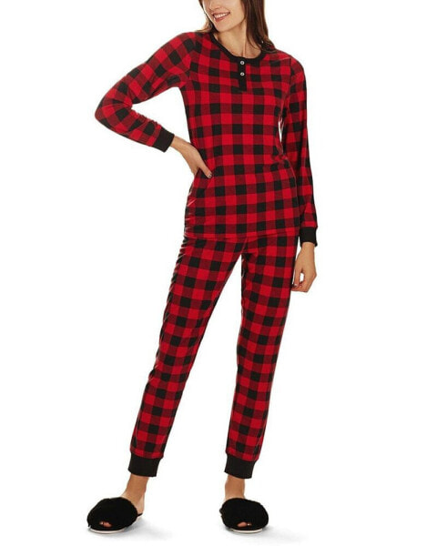 Women's Buffalo Plaid Long Sleeve Tapered Bottom 2 Piece Pajama Set