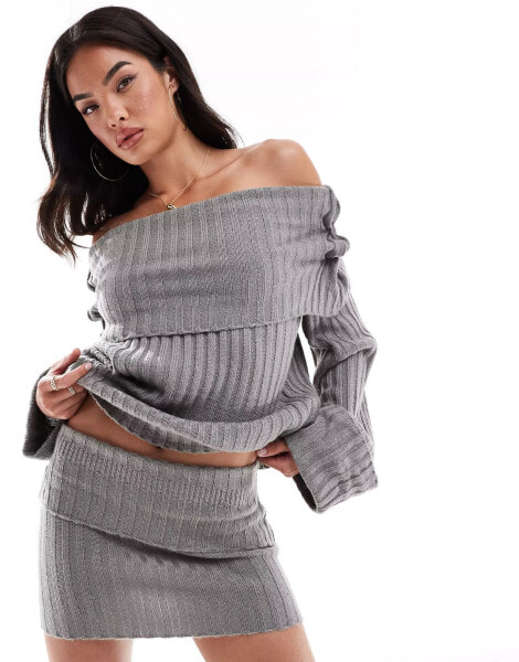 SNDYS ribbed knit folded waist mini skirt co-ord in grey