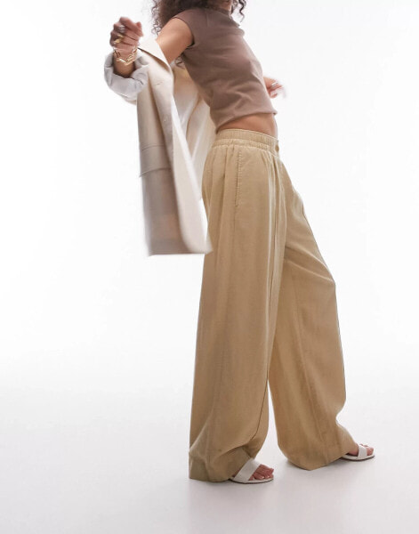 Topshop linen high waist pull on straight leg trouser in sand