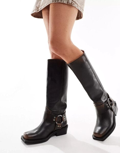 ASOS DESIGN Colorado premium leather biker knee boots in brown