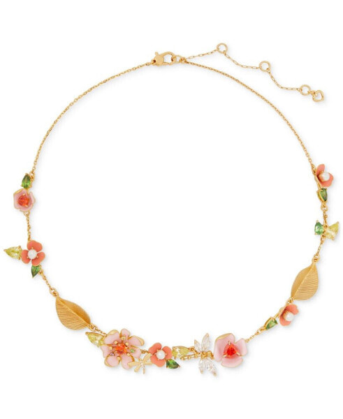 kate spade new york gold-Tone Multicolor Cubic Zirconia & Imitation Pearl Flower Statement Necklace, 16"+ 3" extender