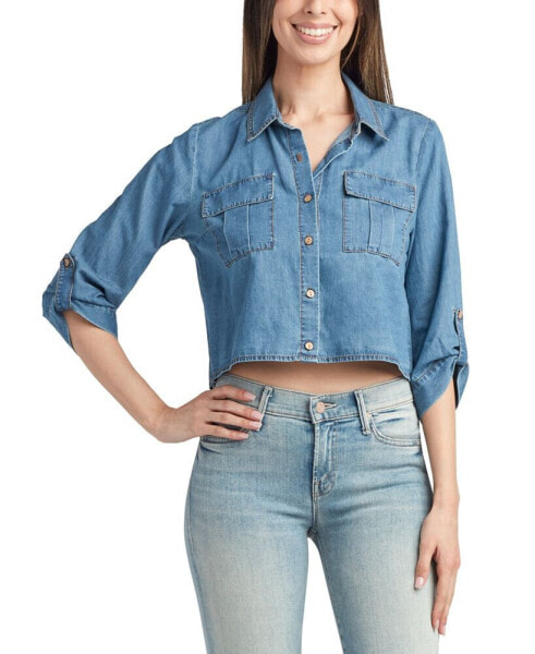 Juniors' Cotton Cropped Washed Denim Shirt