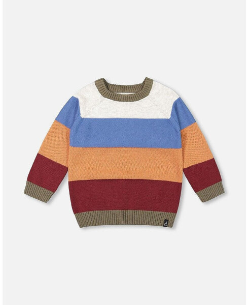 Boy Knitted Raglan Sweater Red Wine, Burnt Orange And Oatmeal Stripe - Child