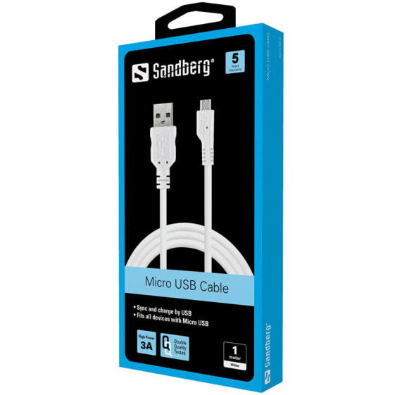 SANDBERG MicroUSB Sync/Charge Cable 1m - 1 m - USB A - Micro-USB B - USB 2.0 - Male/Male - White