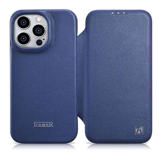 Чехол из натуральной кожи с закладкой MagSafe CE Premium Leather ICARER для iPhone 14 Pro Max синий
