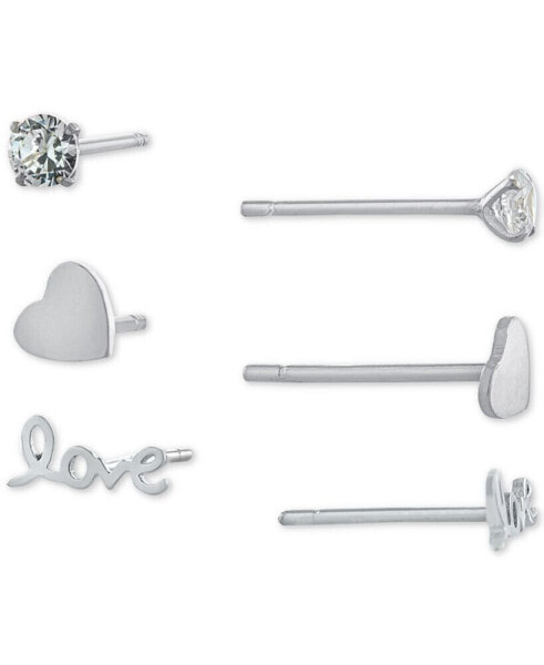 3-Pc. Set Cubic Zirconia & Love-Themed Stud Earrings in Sterling Silver, Created for Macy's