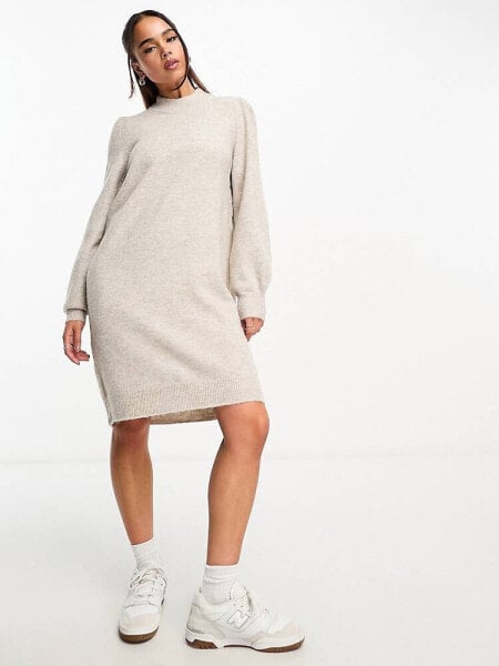 JDY puff sleeve knitted mini jumper dress in stone