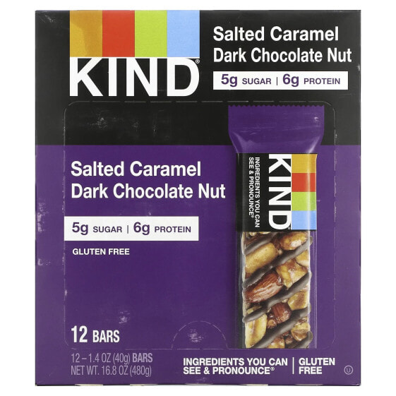 KIND Bars, Nuts & Spices, Соленая карамель и темный шоколад с орехами, 12 батончиков по 1,4 унции (40 г) каждый