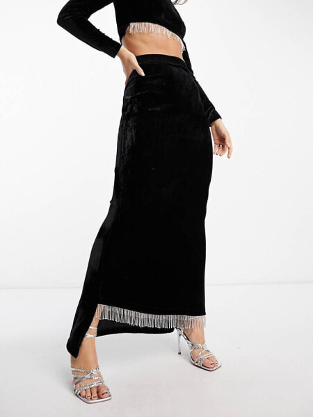 Kanya London fringe embellished maxi skirt co-ord in black