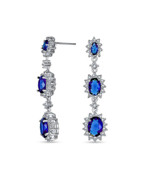 Long Royal Blue Triple Oval Halo Simulated Sapphire CZ Chandelier Earrings For Women Cubic Zirconia Rhodium Plated Brass