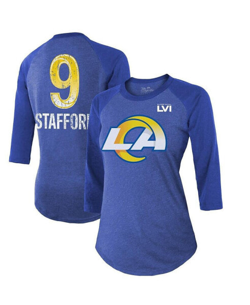 Women's Threads Matthew Stafford Royal Los Angeles Rams Super Bowl LVI Name Number Raglan 3/4 Sleeve T-shirt